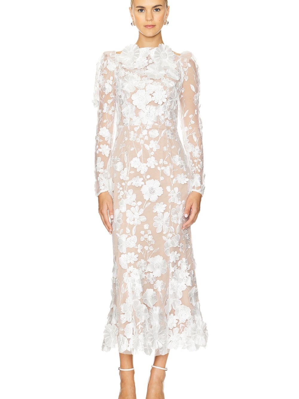 Elliatt Nude Dress with White Floral Lace Overlay - perfect for brides!